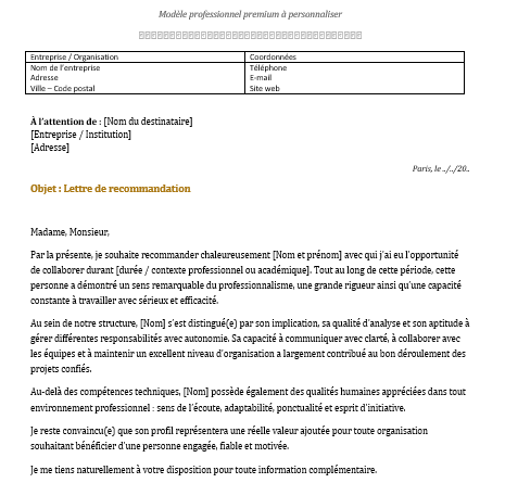 Modèle de Lettres de Recommandation Professionnelle