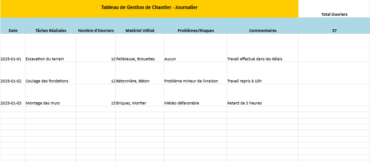 Tableau Journalier de Gestion de Chantier dans Excel