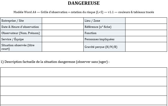 Fiche d'Observation et d'Analyse d'une Situation de Travail Dangereuse : Modèle Excel et Word