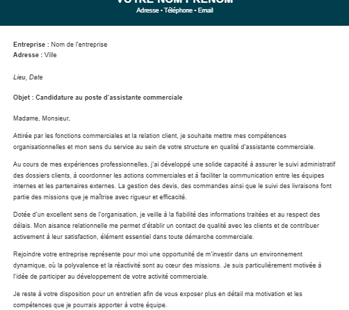 Lettre de Motivation pour un Poste d'Assistante Commerciale : 5 Exemples dans Word
