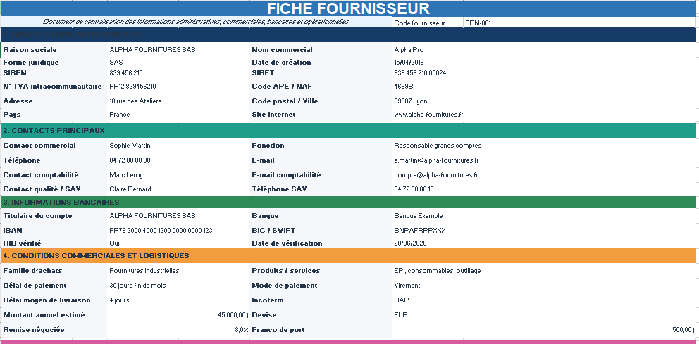 Fichier Excel - Fiche Fournisseur