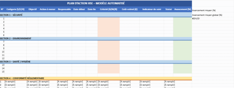 plan d'action HSE Excel
