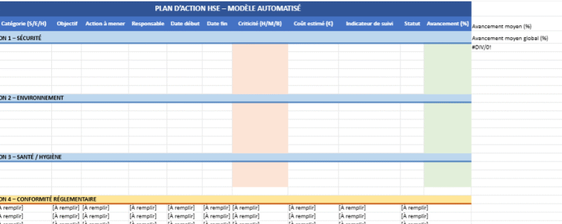plan d'action HSE Excel