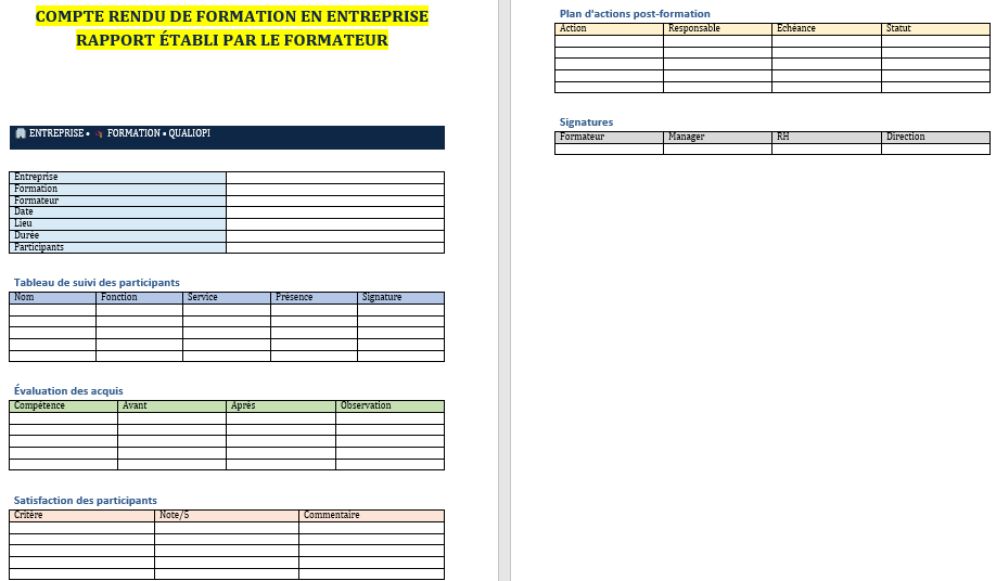 COMPTE RENDU DE FORMATION EN ENTREPRISE - RAPPORT ÉTABLI PAR LE FORMATEUR