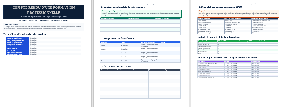 COMPTE RENDU D'UNE FORMATION PROFESSIONNELLE -Modèle entreprise avec bloc de prise en charge OPCO
