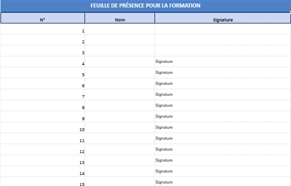 Feuille De Présence Assistant Maternel à Imprimer Modèle de Feuille de Présence à la Formation ( à Imprimer )