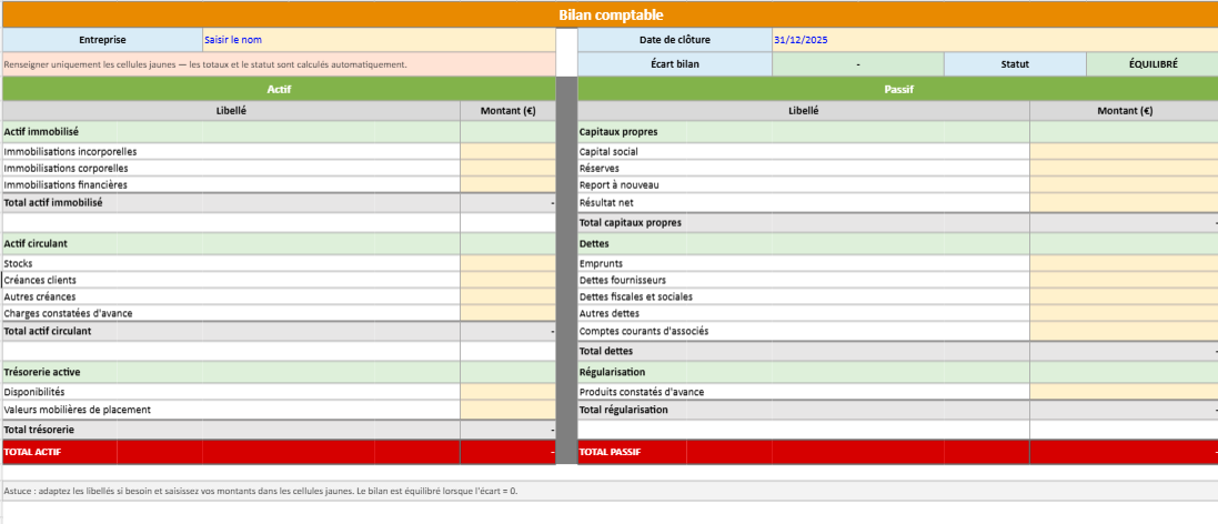 Utilisation d'un modèle de bilan omptable Excel Vierge  