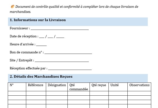 Fiche de réception des marchandises