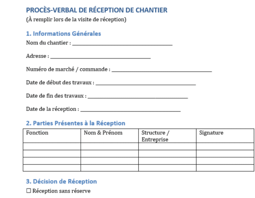 procès-verbal (PV) de réception de chantier