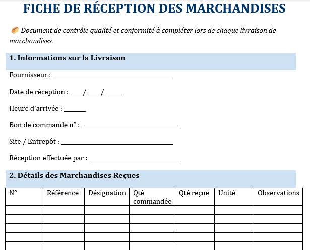 Fiche De R ception Des Marchandises Mod le Word