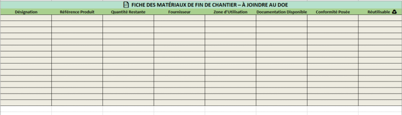 liste des matériaux de fin de chantier