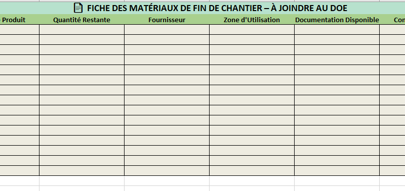 liste des matériaux de fin de chantier