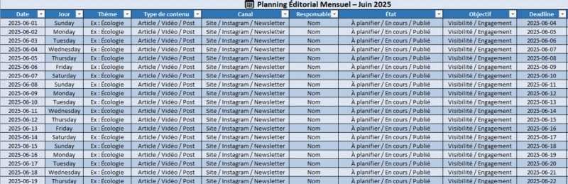 Planning éditorial mensuel Excel