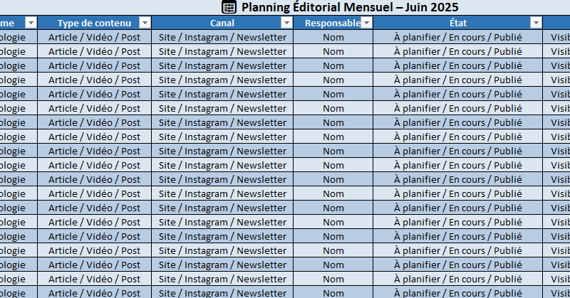 Planning éditorial mensuel Excel