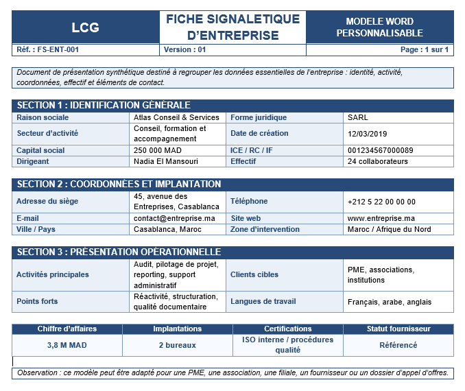 La Fiche Signalétique d’Entreprise : Modèle Word