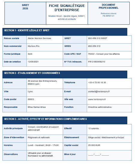 La Fiche Signalétique d’Entreprise : Modèle Word siret à télécharger