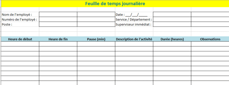 Feuille de temps journalière excel à télécharger