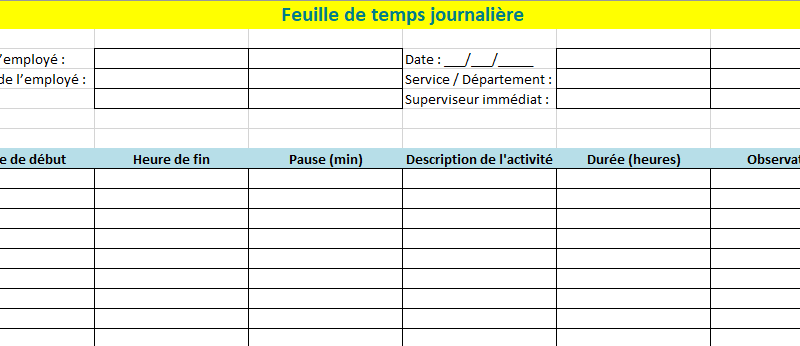 Feuille de temps journalière excel à télécharger