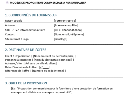 Le modèle word de formulaire d’offre commerciale qui se convertit en vente
