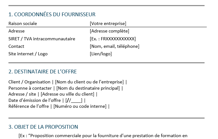 Le modèle word de formulaire d’offre commerciale qui se convertit en vente