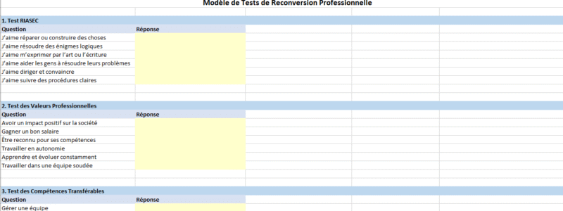Test Reconversion Professionnelle excel