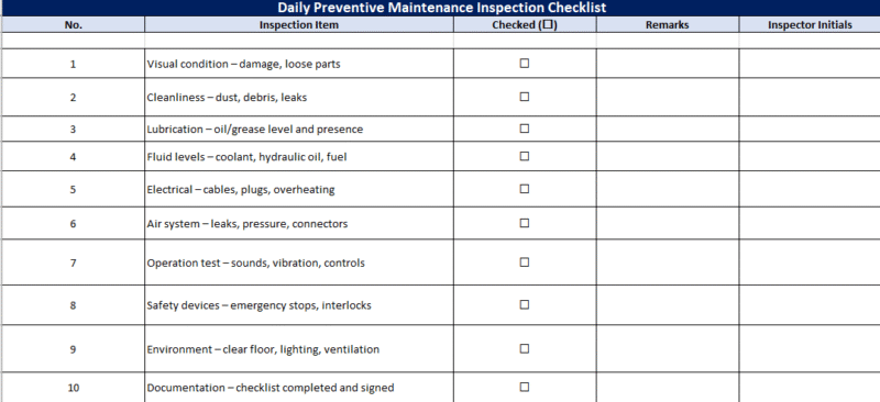 Daily Preventive Maintenance Inspection Checklist: Free Excel Template