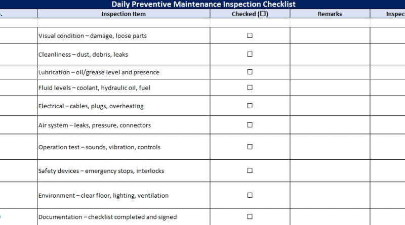 Daily Preventive Maintenance Inspection Checklist: Free Excel Template