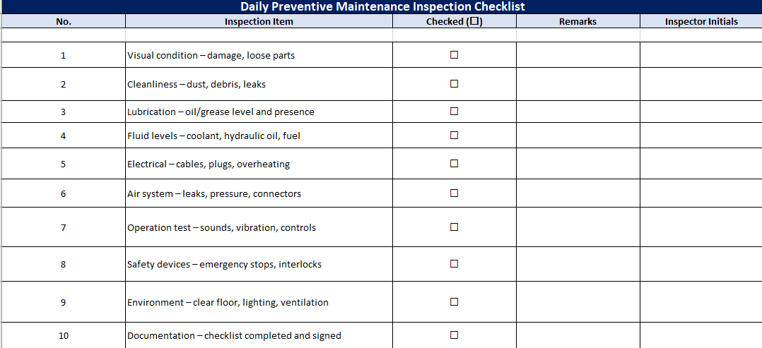 Daily Preventive Maintenance Inspection Checklist: Free Excel Template