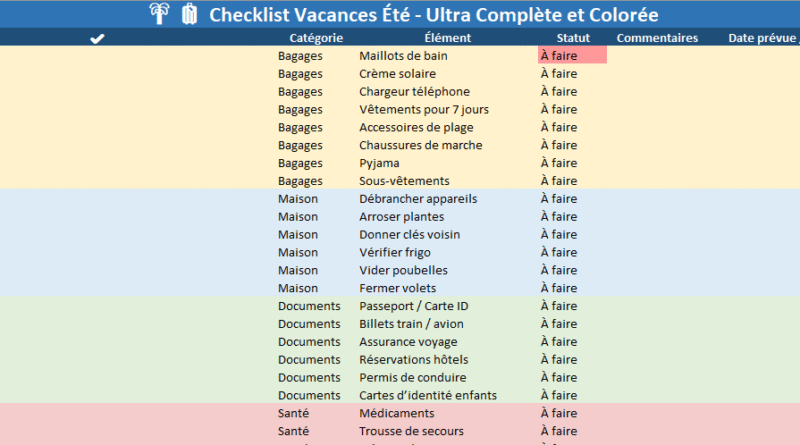 la Checklist Vacances d’Été : Fichier Excel et PDF à Imprimer