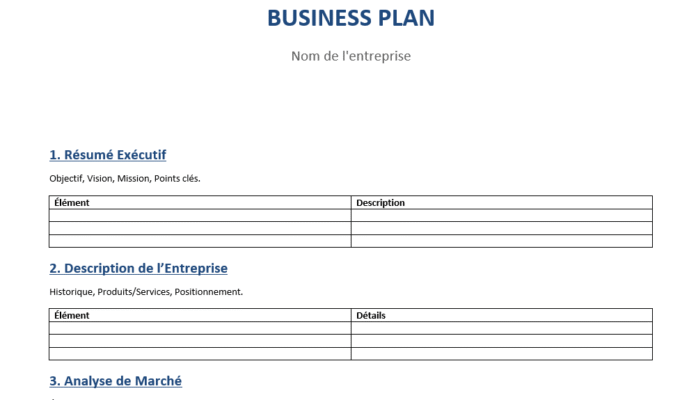 business plan word à remplir