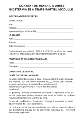 Modèle de Contrat de Travail à Imprimer : CDI à Temps Partiel Modulé :