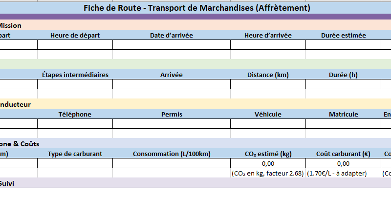 La fiche de route transport ( Marchandises) : Modèle Excel Automatisé