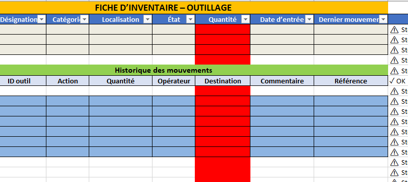 Modèle d’inventaire d’outillage avec Excel : Suivi, Maintenance et Historique automatisé