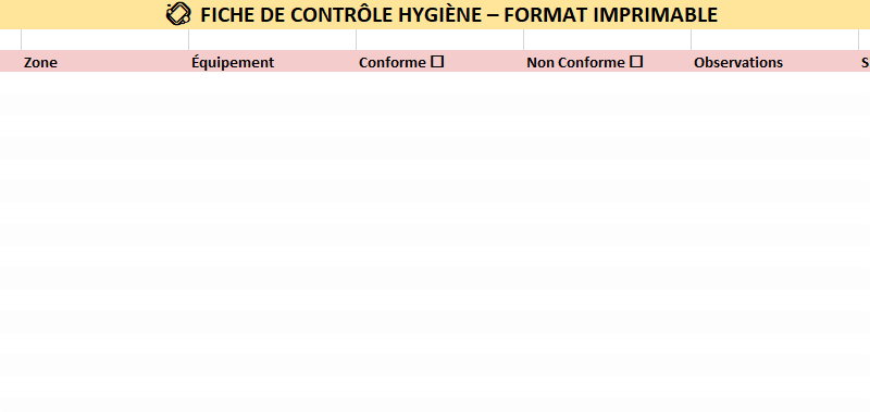 Fiche de contrôle hygiène en restauration : Modèles Excel Imprimable