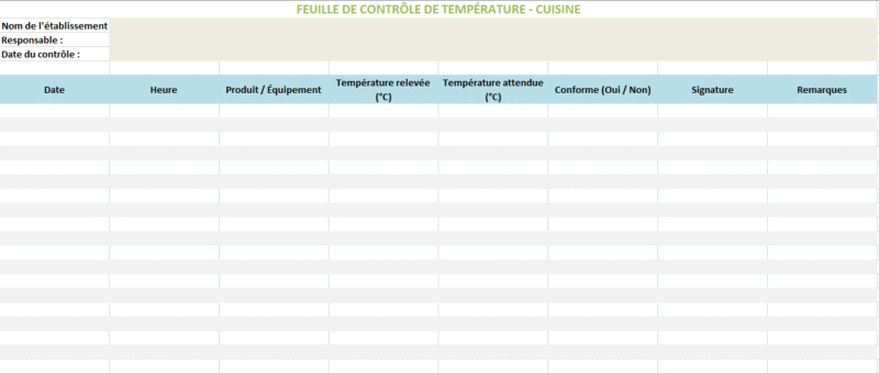📋 Feuille de Température Vierge pour une Cuisine : Modèle