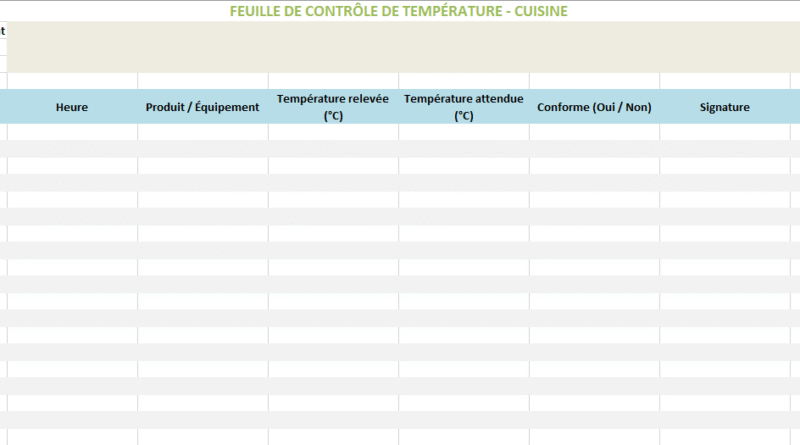 📋 Feuille de Température Vierge pour une Cuisine : Modèle