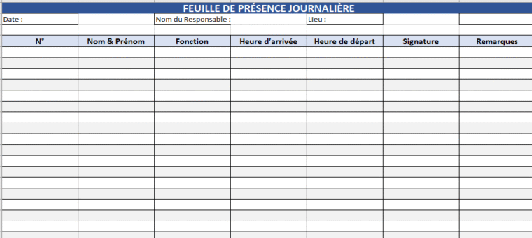 Feuille De Présence Assistant Maternel à Imprimer Modèle Feuille de Présence Journalière Excel et Word
