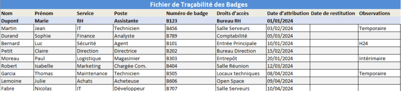 Fichier Excel de traçabilité des badges et des droits d’accès ( Version Imprimable et Automatisé )