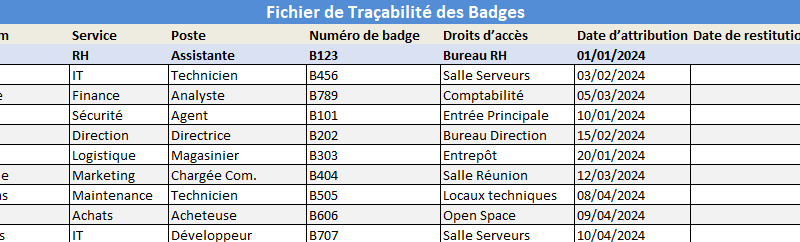 Fichier Excel de traçabilité des badges et des droits d’accès ( Version Imprimable et Automatisé )