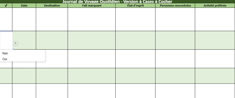 Carnet de route : fiche de journal de voyage dans Excel