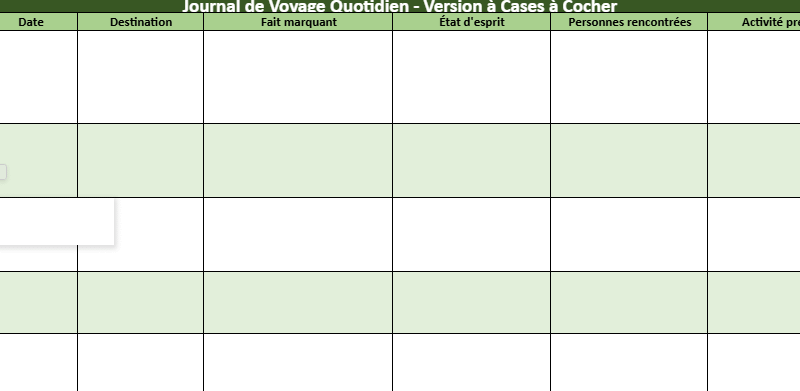 Carnet de route : fiche de journal de voyage dans Excel