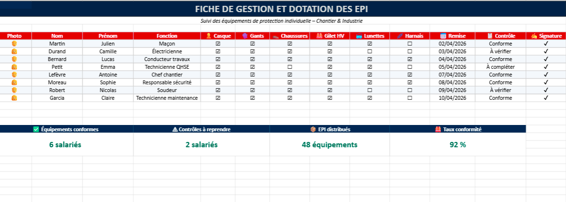fiche de dotation EPI Excel