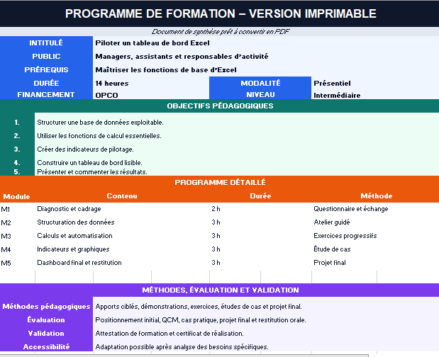 Modèle de programme de formation Excel complet