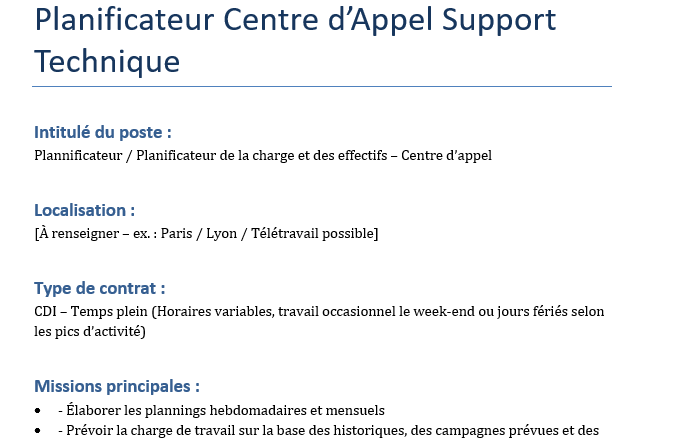 Planificateur en Centre d’Appel fiche de poste