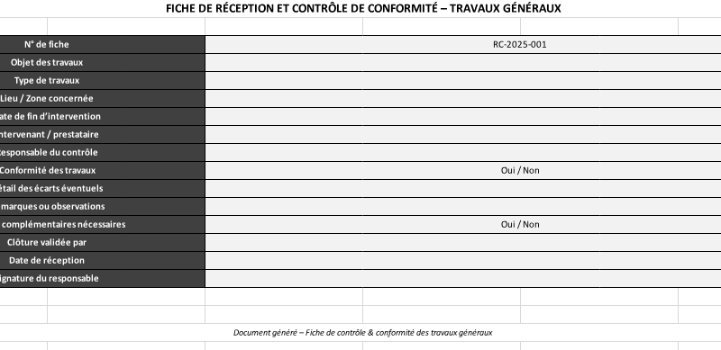 Fiche de Réception et de Contrôle de Conformité – Travaux Généraux