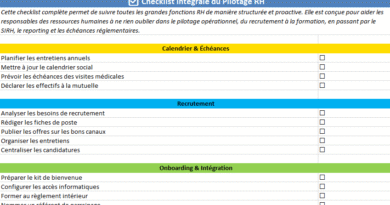 Voici une **suite rédigée** à votre checklist RH, qui peut être ajoutée soit en tant que **feuille complémentaire dans Excel**, soit intégrée dans un **guide d'accompagnement**. Elle explique comment utiliser le fichier, l’adapter à votre entreprise, et en faire un outil vivant dans le temps. --- ## 🔄 Mode d’emploi et conseils d’utilisation de la checklist RH La mise en place d’une checklist RH, aussi complète soit-elle, ne suffit pas à elle seule à structurer une fonction RH performante. Elle doit s’inscrire dans une logique d’**amélioration continue** et d’**implication des acteurs RH**. Voici quelques conseils pratiques pour tirer le meilleur parti du fichier fourni : --- ### 1. Personnalisation des rubriques Chaque entreprise a ses spécificités. Commencez par **adapter les intitulés** des tâches et **ajouter des lignes** si nécessaire. Par exemple : * Pour une entreprise industrielle : ajoutez un suivi des **habilitations sécurité** ou des **visites médicales spécifiques (CACES, etc.)** * Pour un organisme de formation : ajoutez des tâches liées aux **obligations Qualiopi** * Pour une structure multisite : prévoyez une colonne « Site concerné » --- ### 2. Utilisation hebdomadaire ou mensuelle L’idéal est d’utiliser cette checklist comme **outil de suivi en réunion RH**. Voici deux options : * **Suivi hebdomadaire** : cochez les tâches à accomplir chaque lundi avec l’équipe RH * **Suivi mensuel** : utilisez les rubriques pour faire un **point de situation** avec la direction ou les managers Ajoutez une **colonne “Responsable”** et une colonne “Date réalisée” pour suivre l’avancement et répartir les tâches. --- ### 3. Connecter la checklist à un tableau de bord RH Pour aller plus loin, connectez la checklist à un **tableau de bord automatisé**. Par exemple : | Indicateur RH | Source | Fréquence | | ------------------------------ | --------------------------------- | ------------ | | Taux de réalisation des tâches | % de cases cochées | Hebdomadaire | | Délai moyen de recrutement | Données SIRH | Mensuel | | Taux de formation par service | Feuille “Formation” | Trimestriel | | Respect des échéances | Colonne “Date prévue vs Réalisée” | Mensuel | --- ### 4. Liens avec les autres outils RH La checklist peut facilement être couplée avec d’autres outils : * Un **SIRH** ou un tableau Google Sheet pour les mises à jour à distance * Une **fiche de poste** pour chaque tâche récurrente * Un **agenda partagé** avec alertes pour les échéances critiques * Un **fichier de suivi de formation** ou une **GPEC** --- ### 5. Archivage et audit Pensez à conserver des **versions datées** de la checklist chaque trimestre ou chaque semestre. Cela permet : * De prouver l’exécution des obligations en cas d’audit * De mesurer l’évolution des pratiques RH dans le temps * De repérer les tâches régulièrement non réalisées pour en analyser les causes --- ## ✅ En résumé > La checklist RH intégrale est **un outil structurant et fédérateur**. Elle donne une visibilité d’ensemble sur les priorités du service RH et permet d’améliorer la rigueur de suivi. Bien utilisée, elle devient un **véritable support de pilotage RH** aligné avec la stratégie de l’entreprise. --- Souhaitez-vous que je **crée une feuille Excel “Mode d’emploi RH” intégrée au fichier existant** ? Ou une **fiche PDF de présentation** de la checklist à distribuer aux managers ?