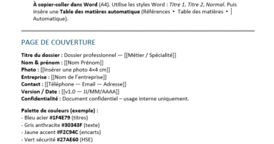 Modèle de Dossier professionnel pour les métiers Manuels & De Précision