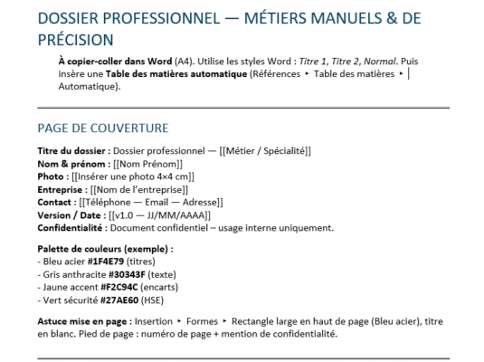 Modèle de Dossier professionnel pour les métiers Manuels & De Précision