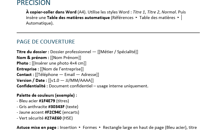 Modèle de Dossier professionnel pour les métiers Manuels & De Précision