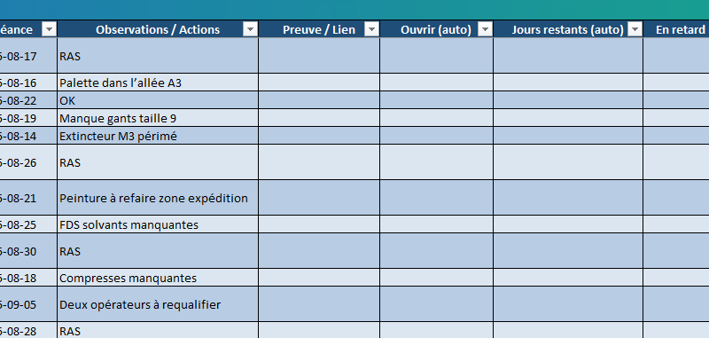 Gestion et Check Sécurité & HSE des lieux de travail : Modèle Excel